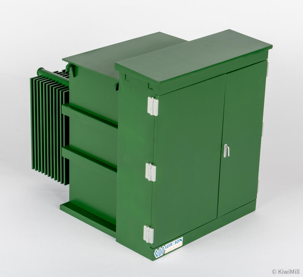 Pad-mounted transformer scale model in green, three-quarter view of closed cabinet, tank and rear radiator fins